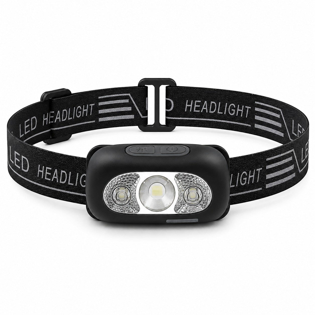 Lampe frontale LED noire Passion Randonnée présentée de face sur fond clair, avec bandeau réglable, boutons de commande et éclairage central.