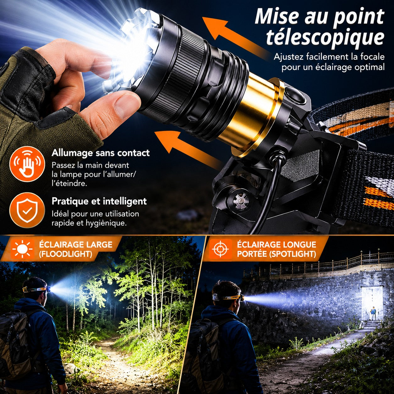 Lampe frontale Passion Randonnée avec mise au point télescopique, réglable pour passer d’un éclairage large à un faisceau longue portée.