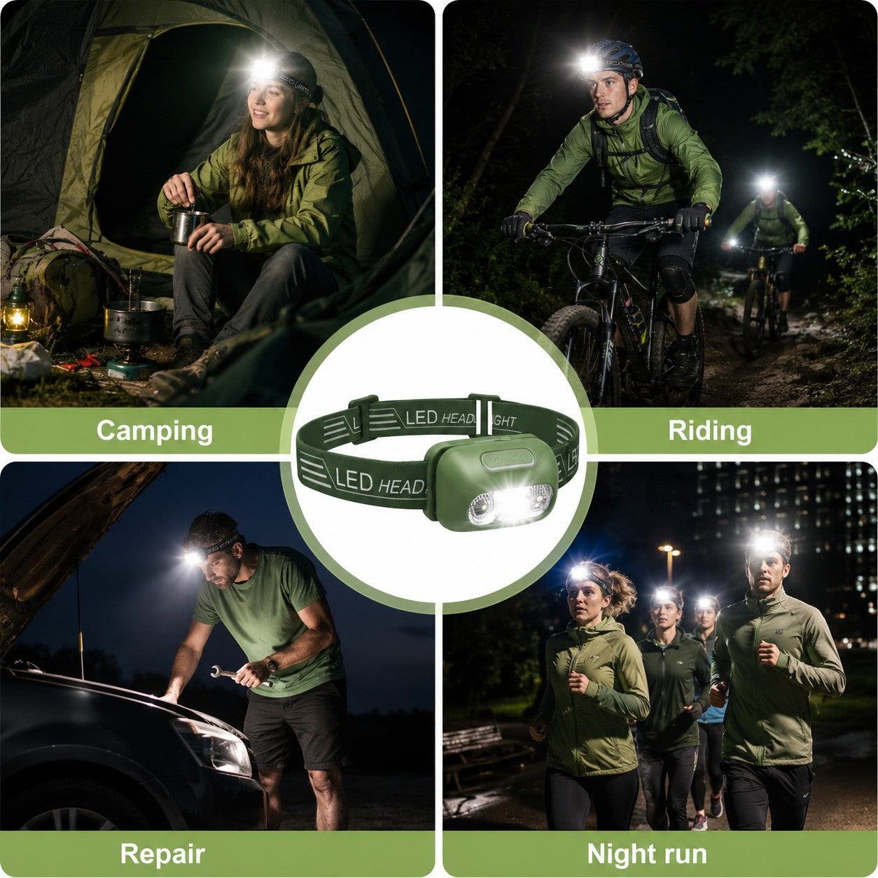 Lampe frontale Passion Randonnée utilisée pour le camping, le vélo, la réparation et la course de nuit, avec éclairage mains libres pratique.