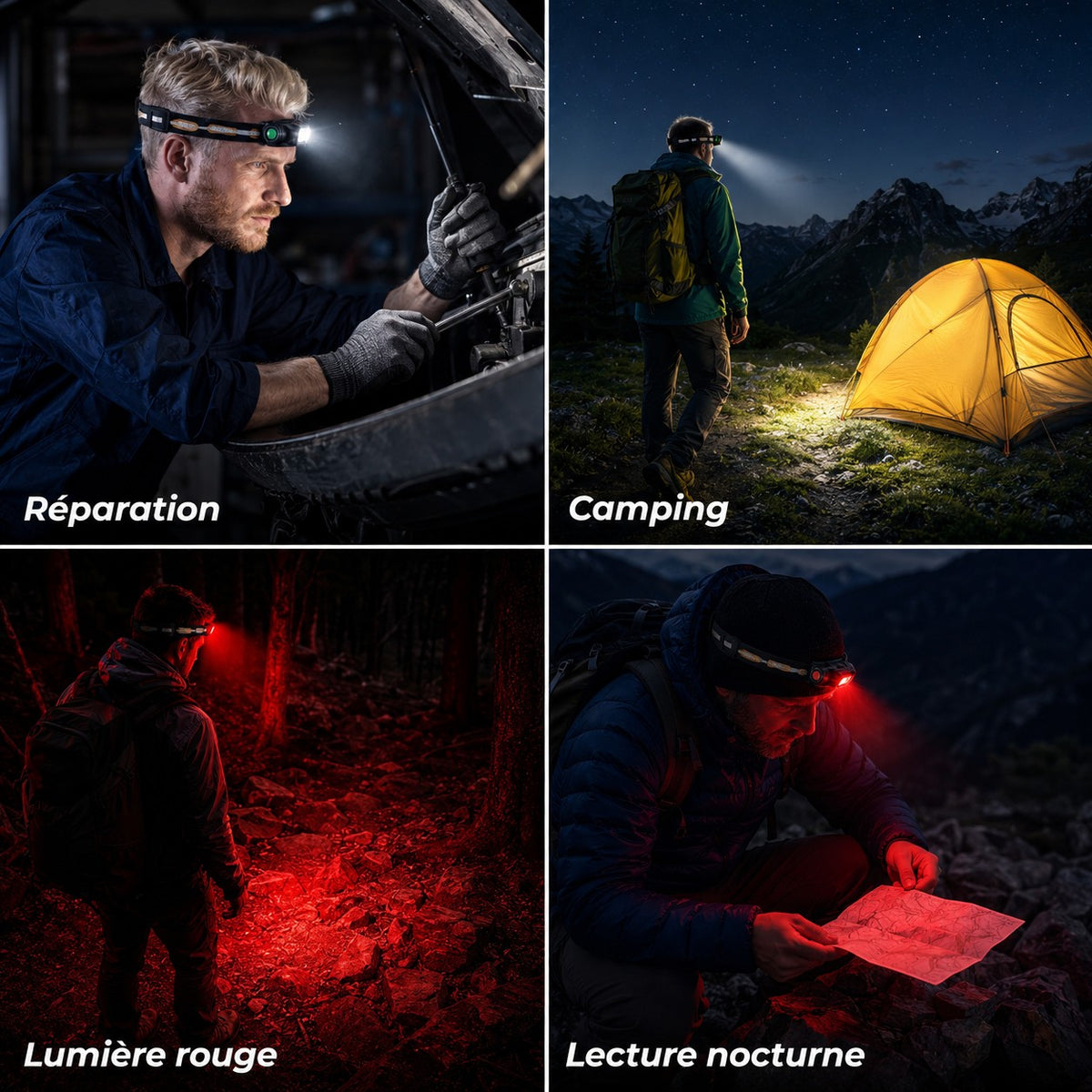Lampe frontale Passion Randonnée utilisée pour la réparation, le camping, la lumière rouge et la lecture nocturne, pratique pour garder les mains libres.