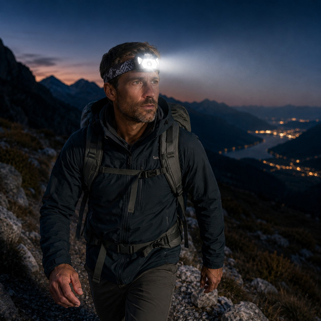 Randonneur portant une lampe frontale Passion Randonnée sur un sentier de montagne au crépuscule, avec faisceau lumineux pour avancer avec plus de visibilité.