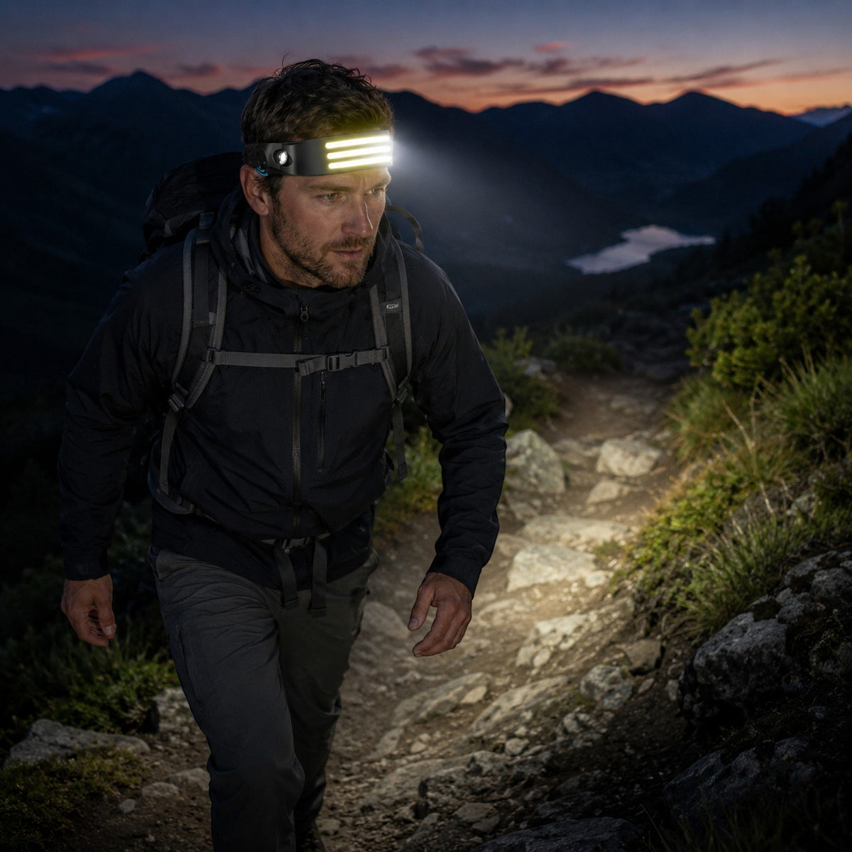 Randonneur portant une lampe frontale Passion Randonnée sur un sentier de montagne de nuit, avec faisceau lumineux pour avancer avec plus de sécurité.
