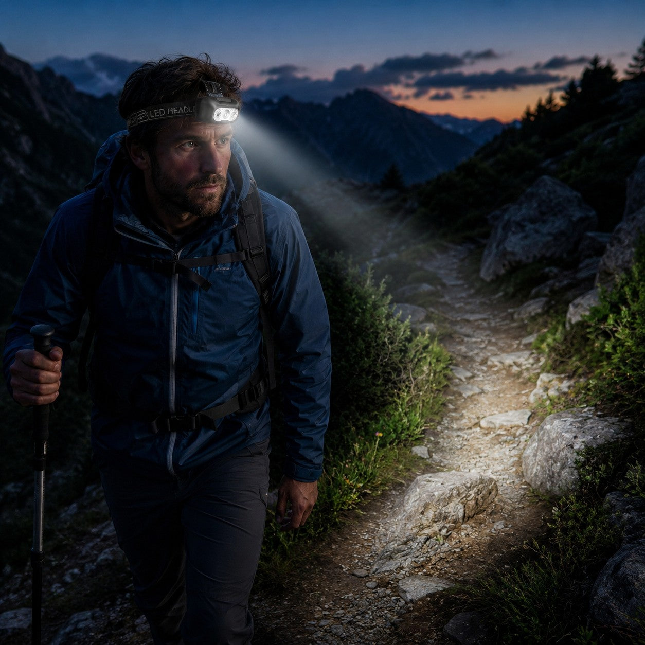 Randonneur portant une lampe frontale Passion Randonnée sur un sentier de nuit, avec faisceau lumineux pour avancer en sécurité en montagne.