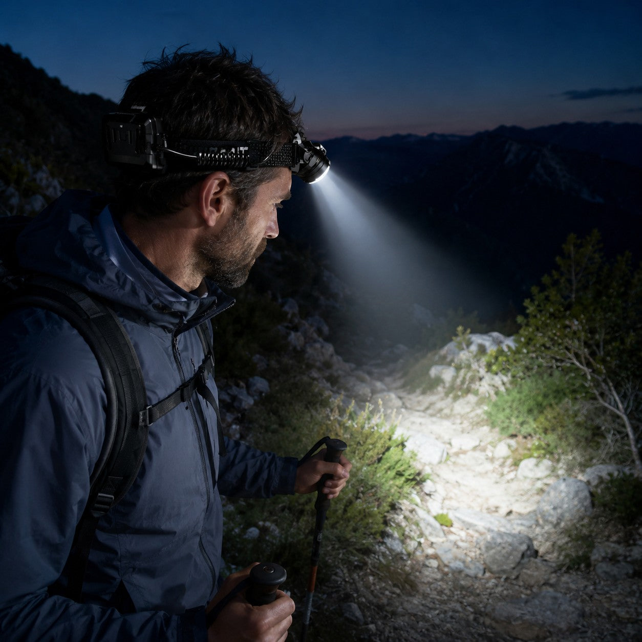 Randonneur portant une lampe frontale Passion Randonnée sur un sentier de montagne de nuit, avec faisceau lumineux longue portée pour avancer en sécurité.