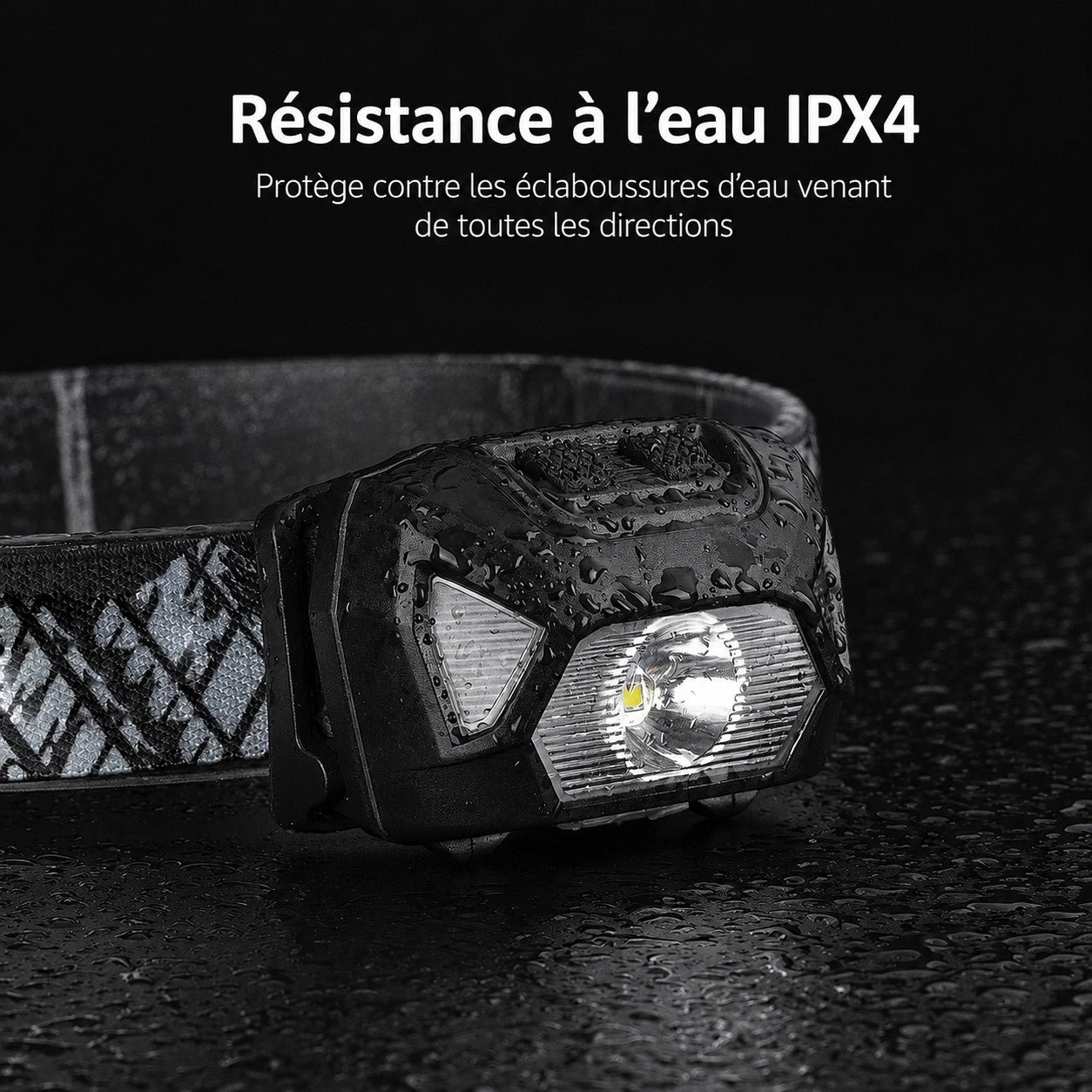 Lampe frontale Passion Randonnée résistante à l’eau IPX4, conçue pour protéger contre les éclaboussures lors des randonnées et activités outdoor.