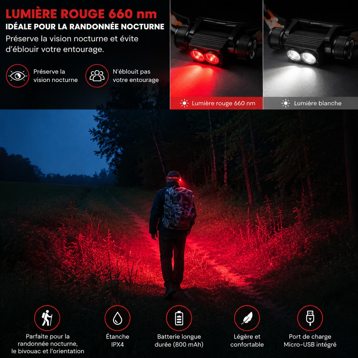 Randonneur utilisant une lampe frontale rouge Passion Randonnée sur un sentier forestier de nuit, avec éclairage adapté à la randonnée nocturne.
