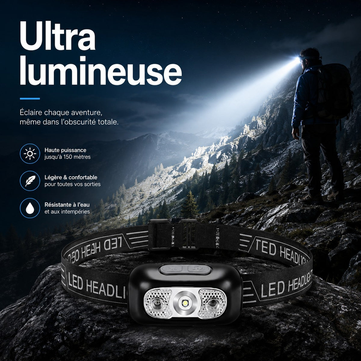 Lampe frontale ultra lumineuse Passion Randonnée présentée en décor de montagne nocturne, avec éclairage puissant et conception légère.