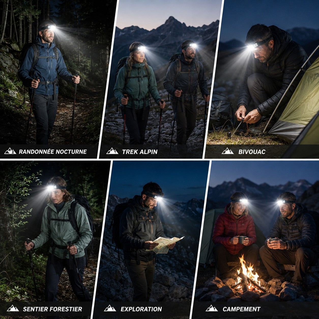 Lampe frontale Passion Randonnée utilisée en randonnée nocturne, trek alpin, bivouac, sentier forestier, exploration et camping.
