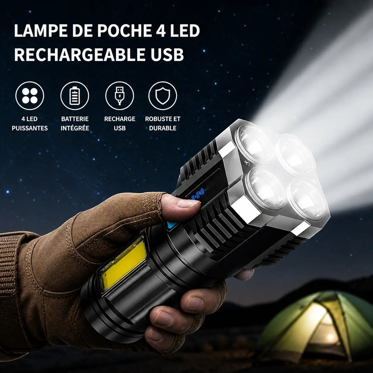 Lampe de poche 4 LED rechargeable USB Passion Randonnée, avec batterie intégrée et éclairage puissant pour le camping, la randonnée et les sorties nocturnes.