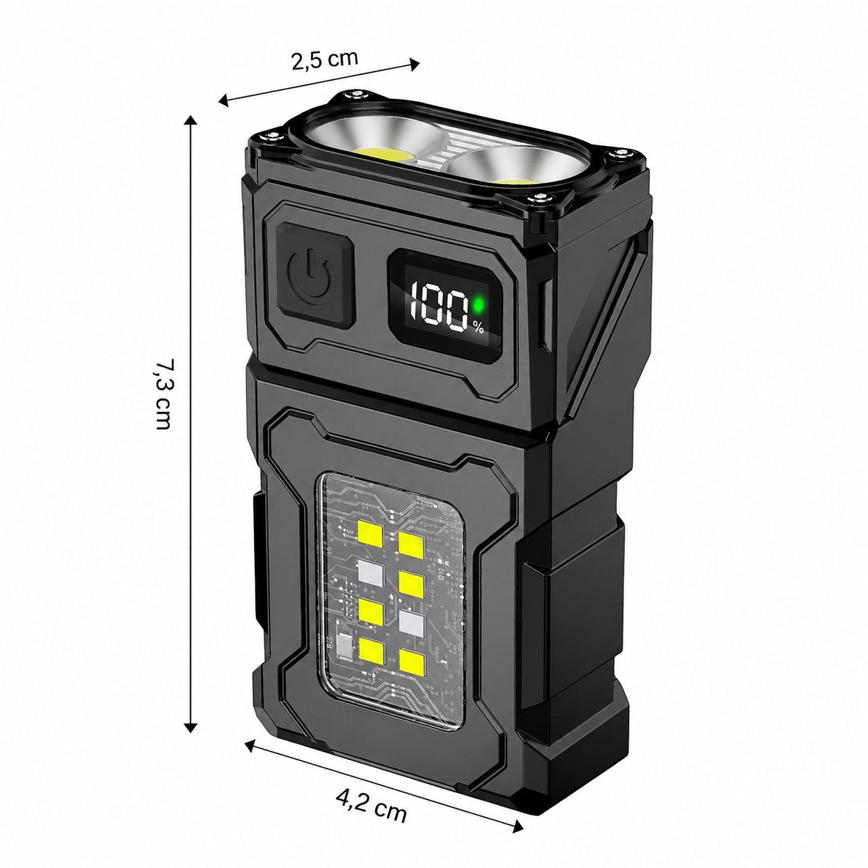 Lampe tactique compacte Passion Randonnée avec dimensions indiquées, format léger et facile à transporter pour la randonnée, le camping ou le dépannage.