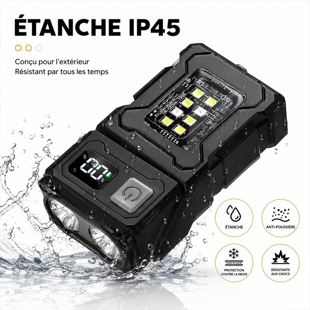 Lampe tactique Passion Randonnée étanche IP45, conçue pour résister à l’eau, aux éclaboussures et aux conditions extérieures difficiles.