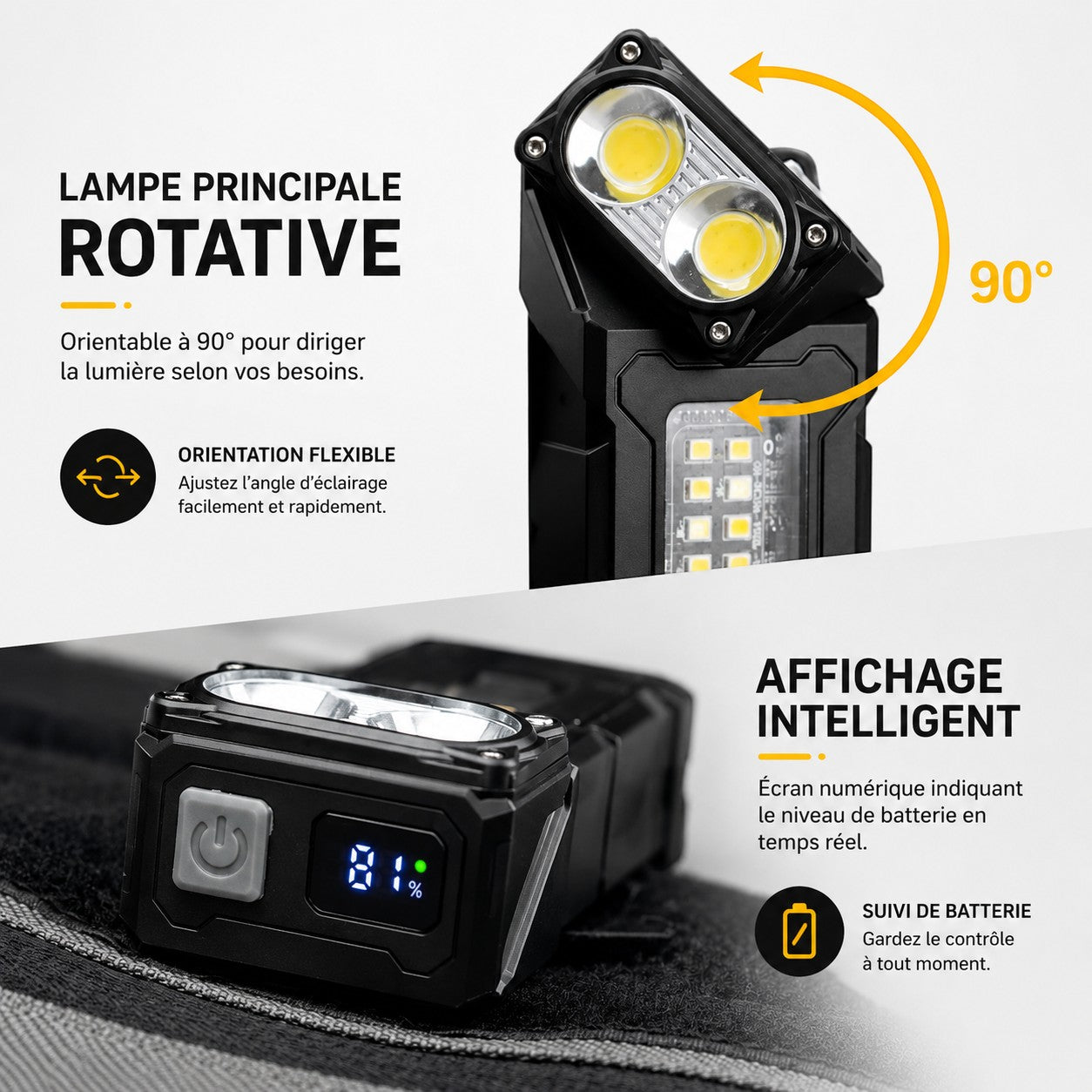 Lampe tactique Passion Randonnée avec tête rotative à 90 degrés et affichage intelligent du niveau de batterie, pratique pour orienter la lumière facilement.