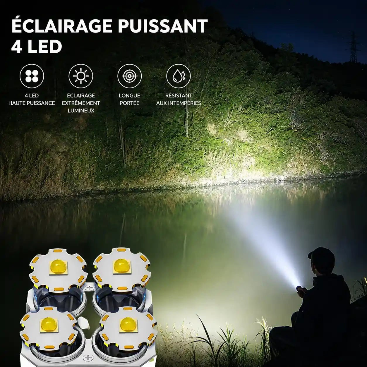 Lampe torche 4 LED Passion Randonnée éclairant un espace extérieur de nuit, idéale pour les randonnées, le camping et les situations sans lumière.