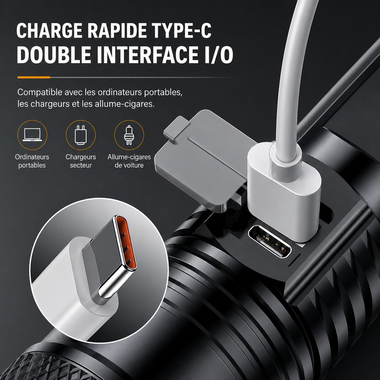 Détail de la charge rapide Type-C d’une lampe torche Passion Randonnée, compatible avec chargeur secteur, ordinateur portable et allume-cigare.