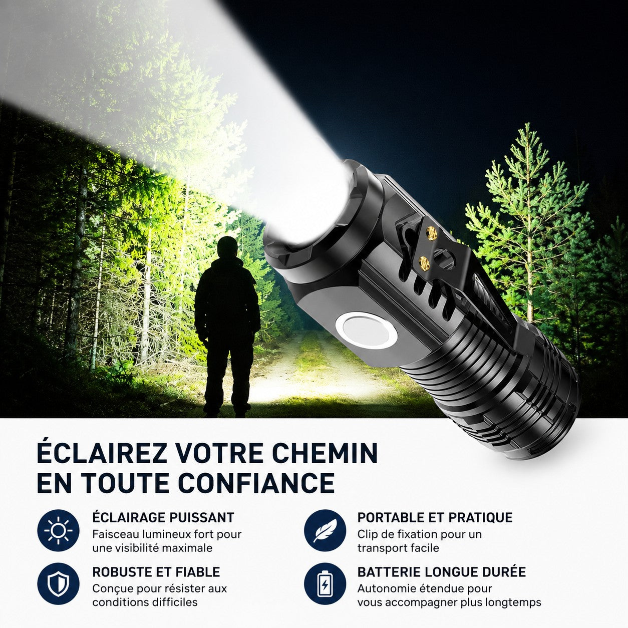 Lampe torche Passion Randonnée projetant un faisceau lumineux puissant sur un chemin de nuit, conçue pour avancer avec plus de visibilité.