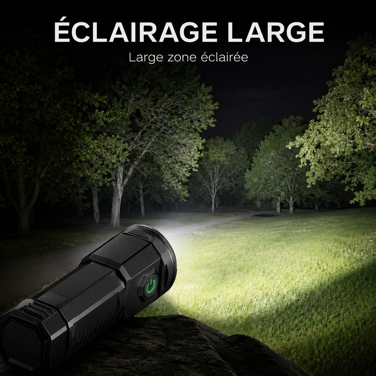 Lampe torche Passion Randonnée avec éclairage large, idéale pour illuminer une grande zone de nuit en camping, randonnée ou bivouac.
