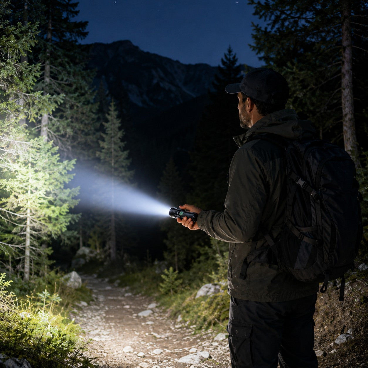 Homme utilisant une lampe torche Passion Randonnée en forêt de nuit, avec faisceau puissant pour éclairer le chemin pendant une sortie outdoor.