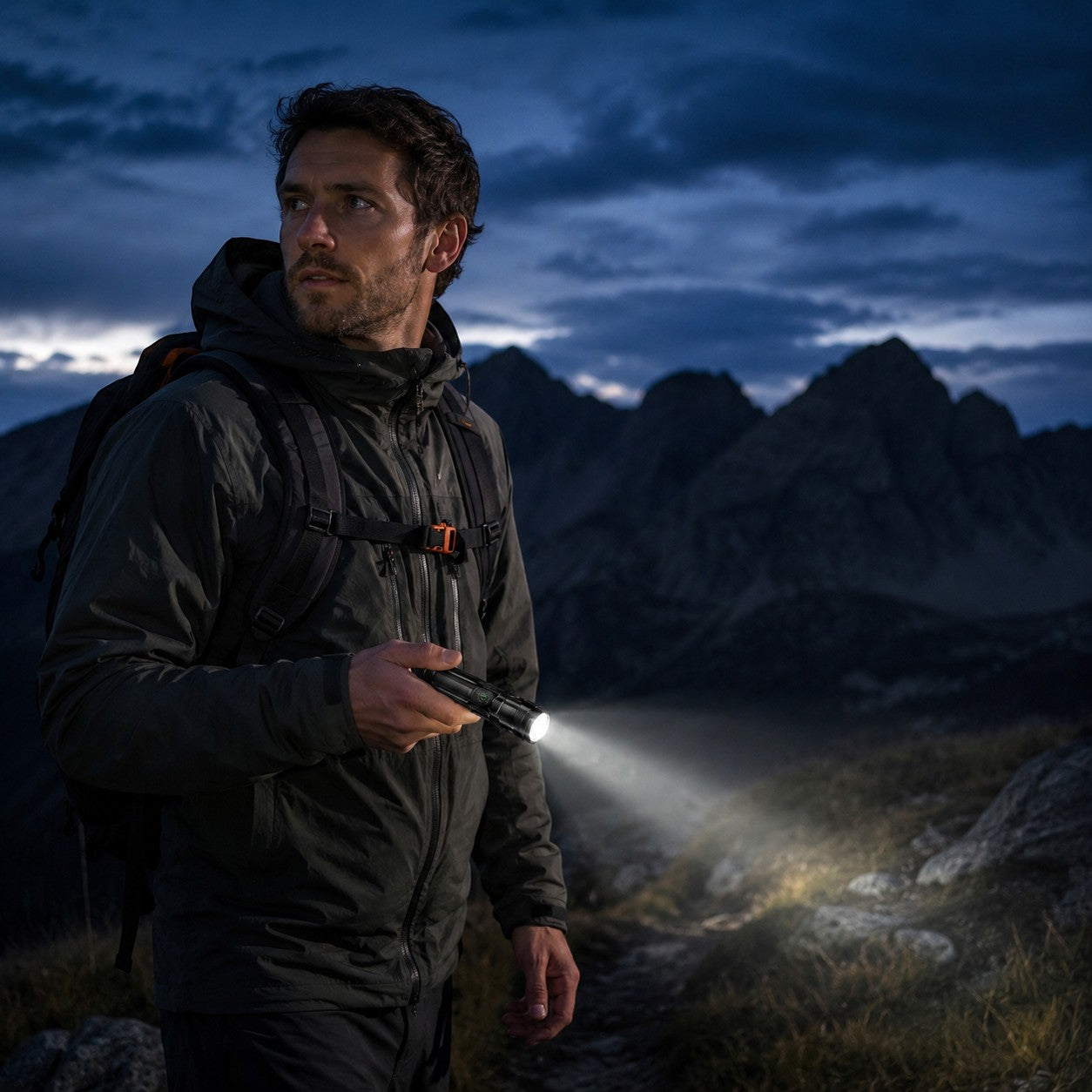 Homme utilisant une lampe torche Passion Randonnée en montagne de nuit, pratique pour éclairer un sentier lors d’une randonnée nocturne.
