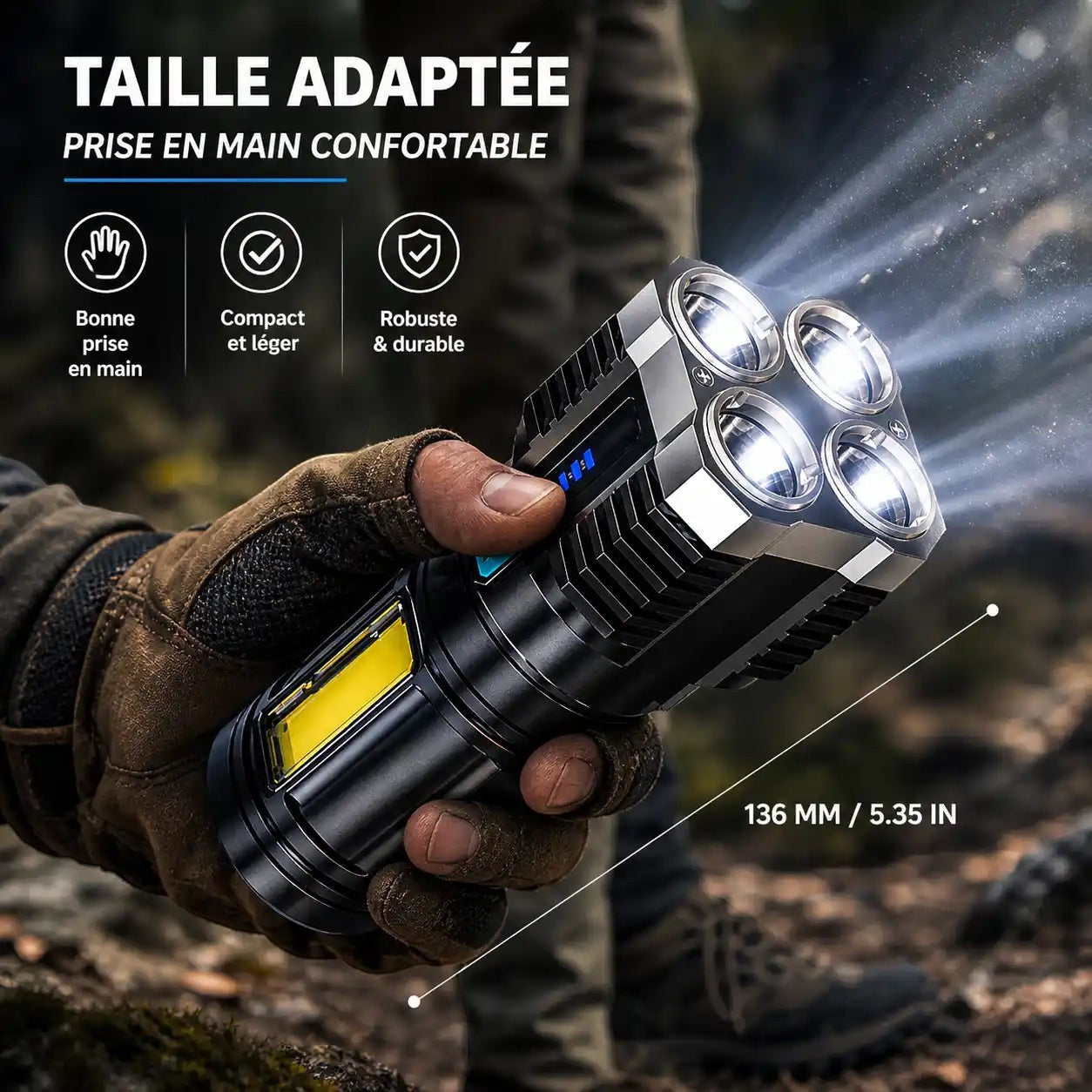 Lampe torche LED compacte Passion Randonnée tenue en main, avec format robuste et prise confortable pour les activités de plein air.