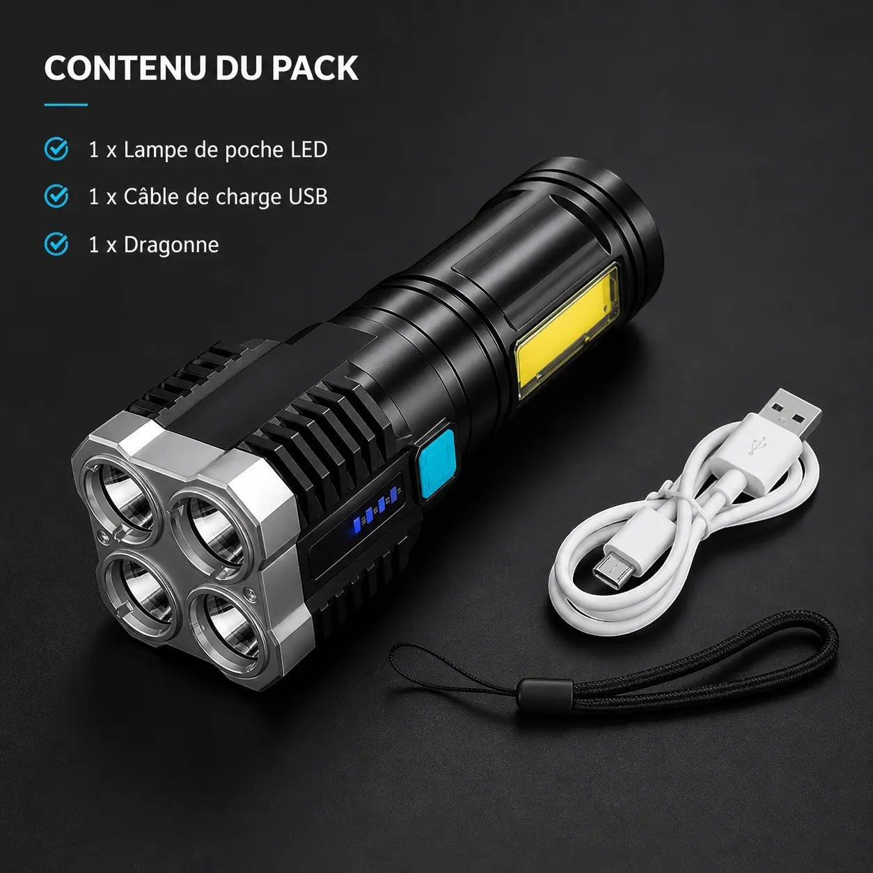 Contenu du pack de la lampe torche LED Passion Randonnée avec câble de charge USB, dragonne et lampe compacte pour randonnée et camping.