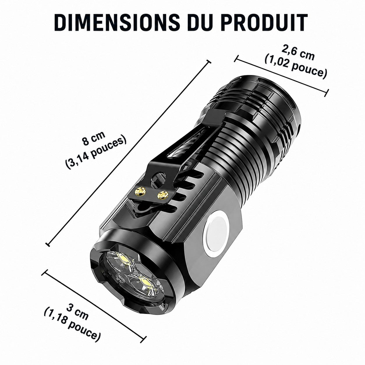 Lampe torche LED Passion Randonnée avec dimensions indiquées, format compact et conception facile à transporter pour le camping ou la randonnée.