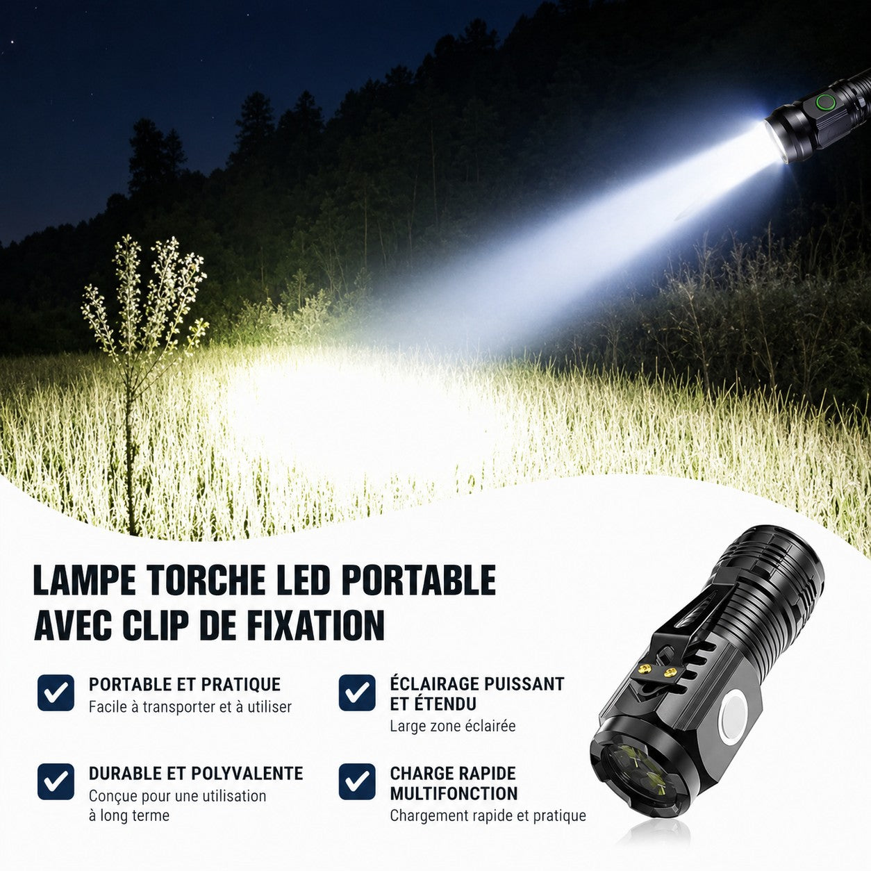 Lampe torche LED Passion Randonnée éclairant une grande zone en extérieur, pratique pour les sorties de nuit, le bivouac et le camping.