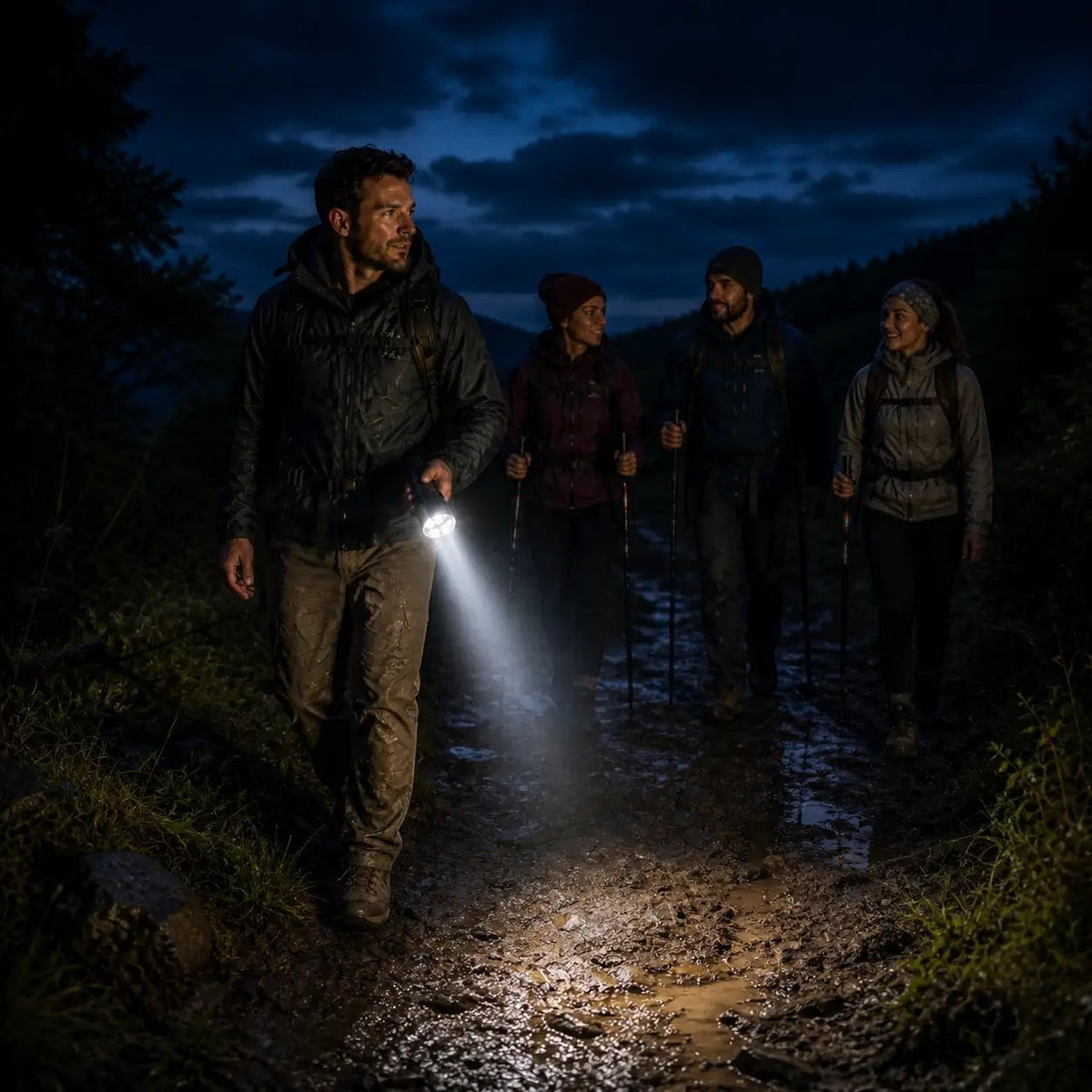 Groupe de randonneurs utilisant une lampe torche LED Passion Randonnée sur un chemin de nuit, pratique pour marcher en sécurité en extérieur.
