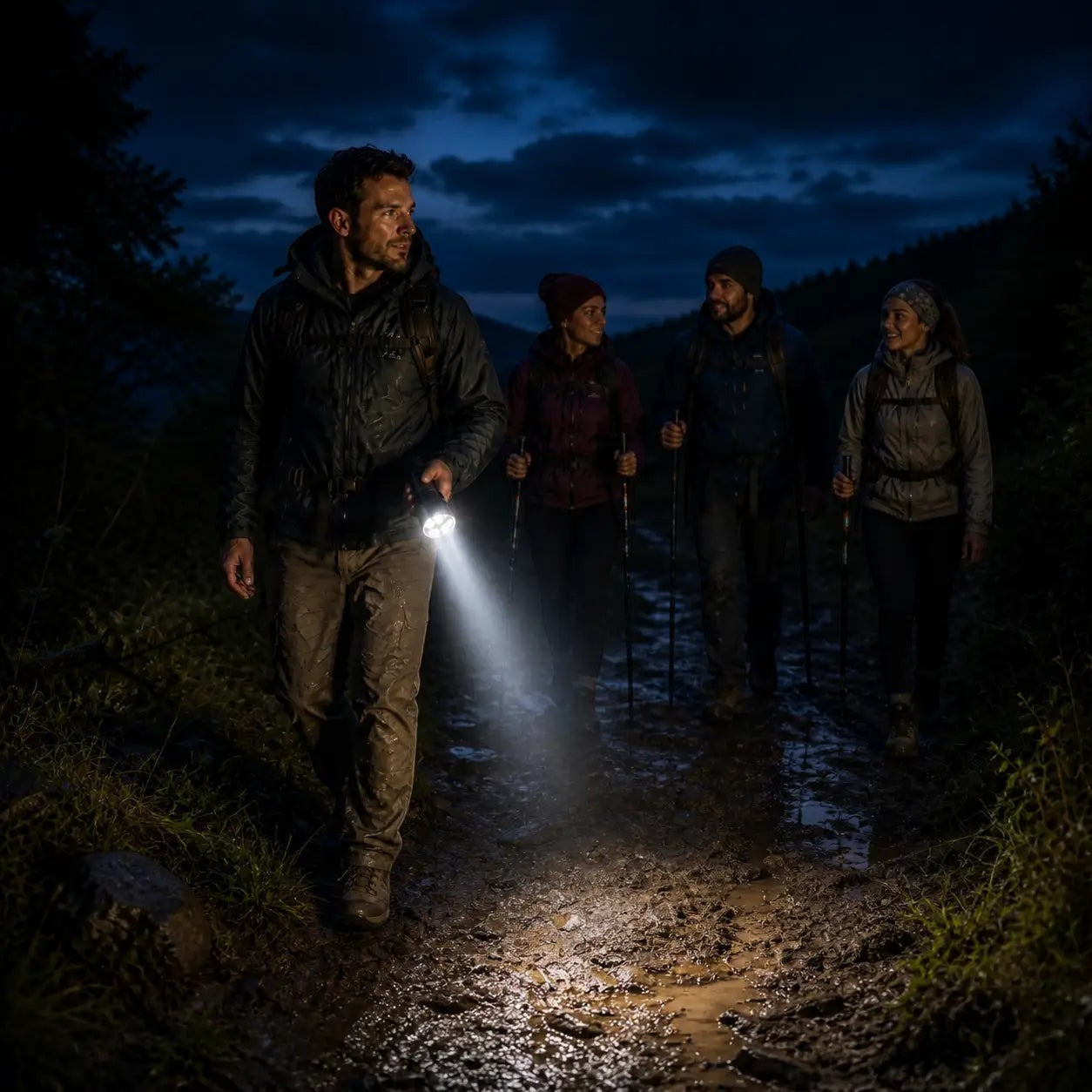 Groupe de randonneurs utilisant une lampe torche LED Passion Randonnée sur un chemin de nuit, pratique pour marcher en sécurité en extérieur.