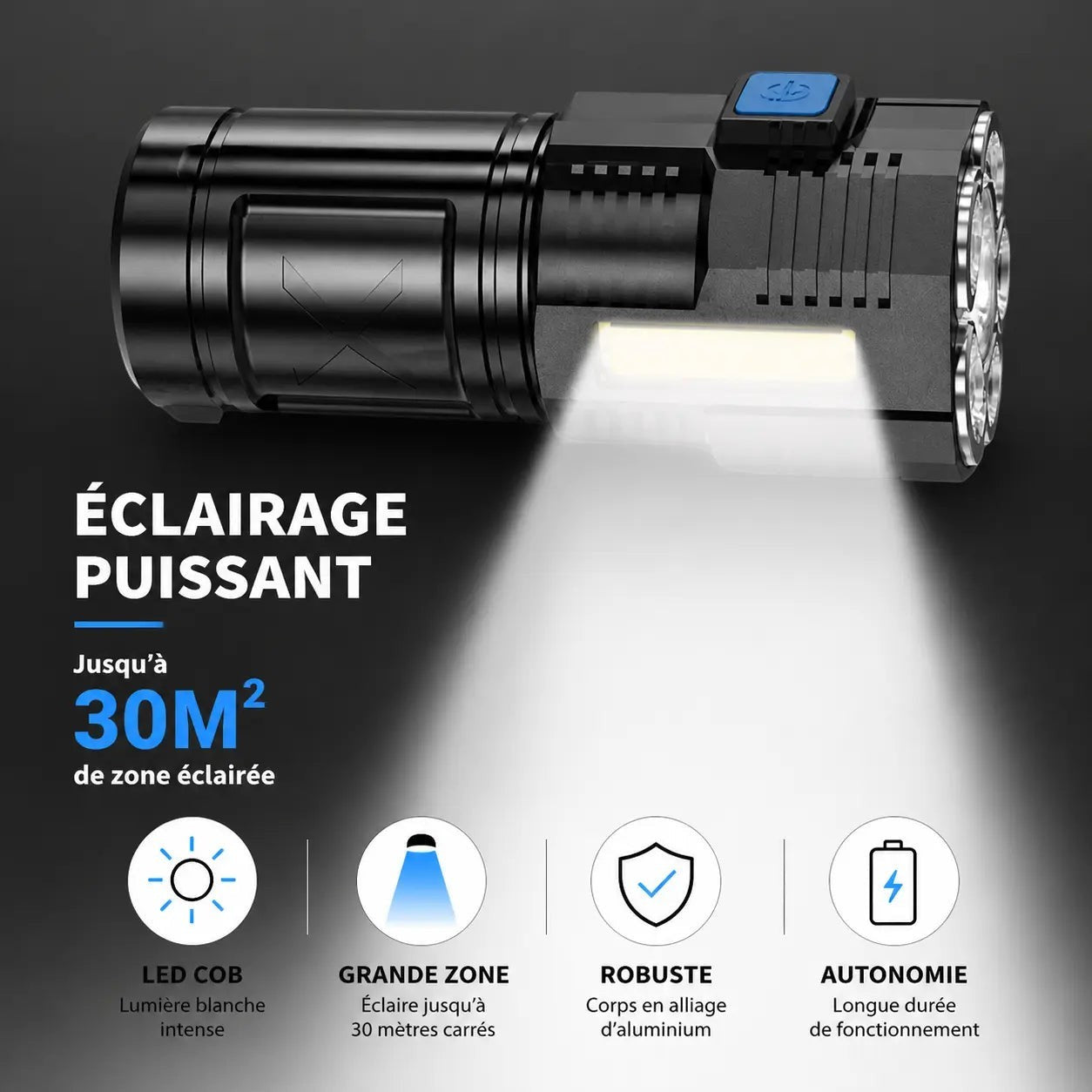 Lampe torche LED puissante Passion Randonnée avec éclairage large jusqu’à 30 m², rechargeable USB, robuste et adaptée au camping ou à la randonnée de nuit.