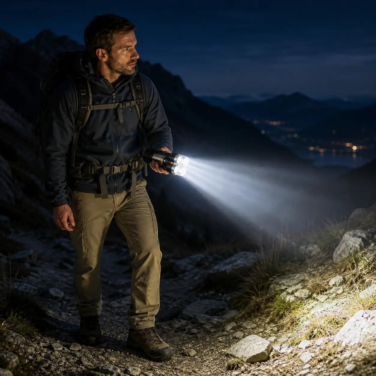 Randonneur utilisant une lampe torche LED Passion Randonnée en montagne de nuit pour éclairer le sentier pendant une sortie outdoor.