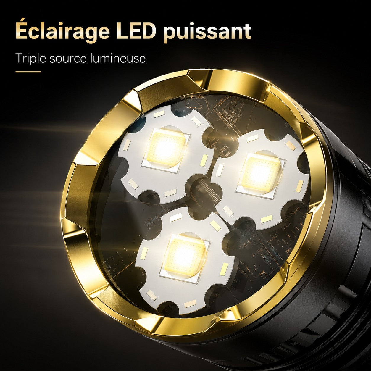 Gros plan sur la tête d’une lampe torche LED Passion Randonnée avec triple source lumineuse, pensée pour offrir un éclairage intense en extérieur.