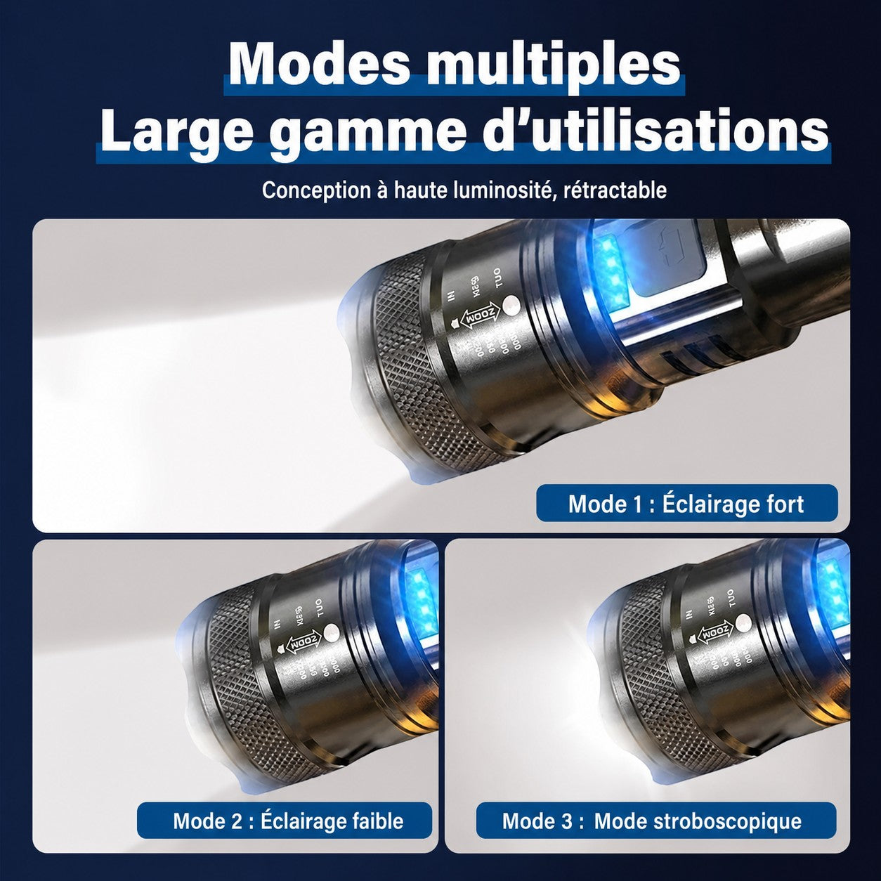 Lampe torche Passion Randonnée avec plusieurs modes d’éclairage, fort, faible et stroboscopique, adaptée aux besoins en extérieur.
