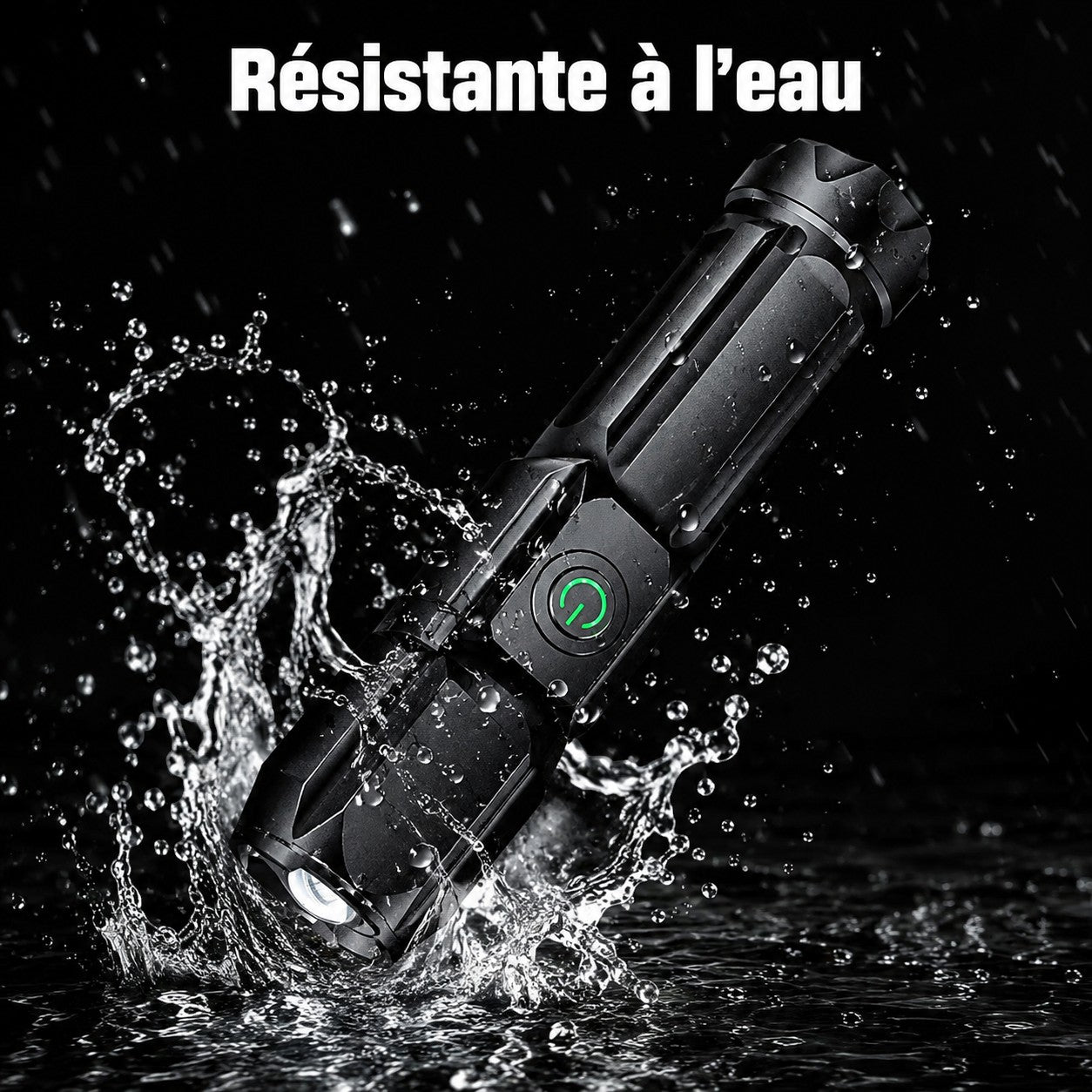 Lampe torche noire Passion Randonnée résistante à l’eau, conçue pour accompagner les sorties en extérieur par temps humide ou pluvieux.