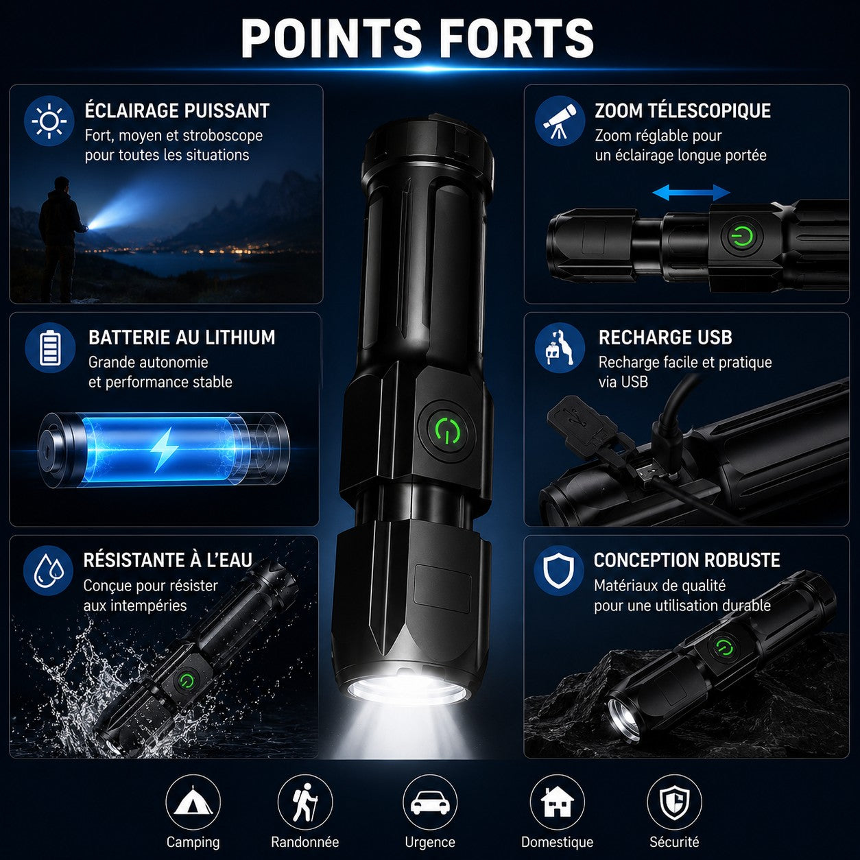 Visuel des points forts de la lampe torche Passion Randonnée, avec éclairage puissant, zoom télescopique, batterie lithium, recharge USB et résistance à l’eau.