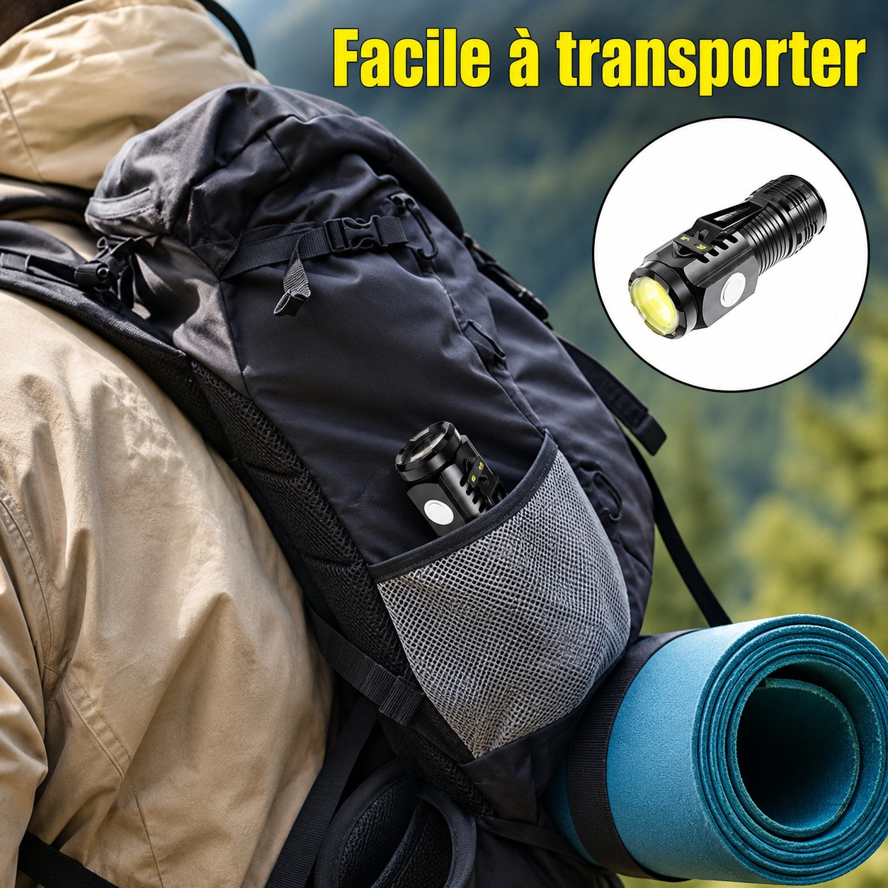 Lampe torche portable Passion Randonnée rangée dans la poche latérale d’un sac, idéale pour rester accessible pendant une randonnée.
