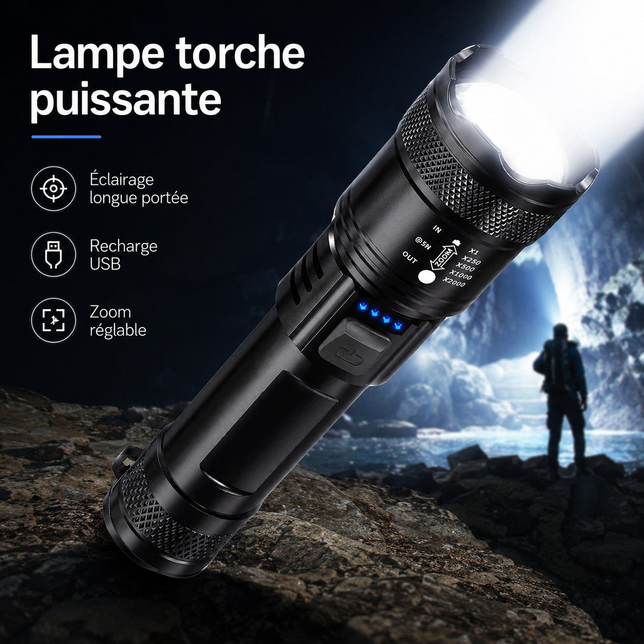 Lampe torche puissante Passion Randonnée avec zoom réglable, recharge USB et éclairage longue portée pour la randonnée, le camping et les sorties de nuit.