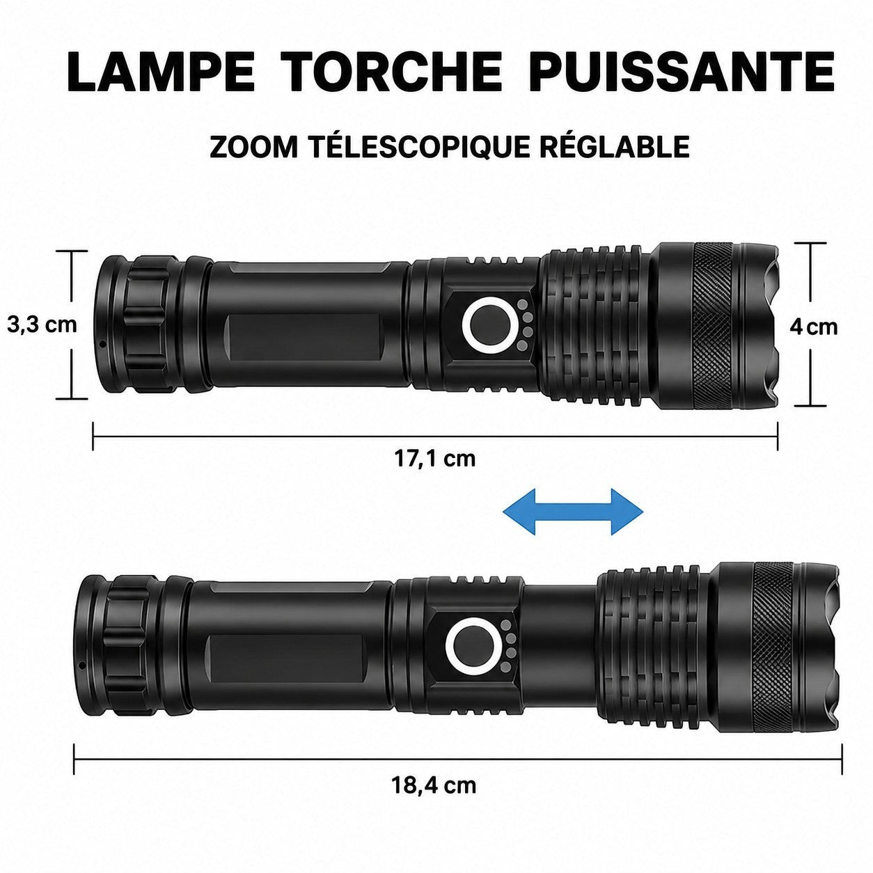 Lampe torche puissante Passion Randonnée avec zoom télescopique réglable, présentée avec ses dimensions et sa longueur ajustable pour la randonnée et le camping.