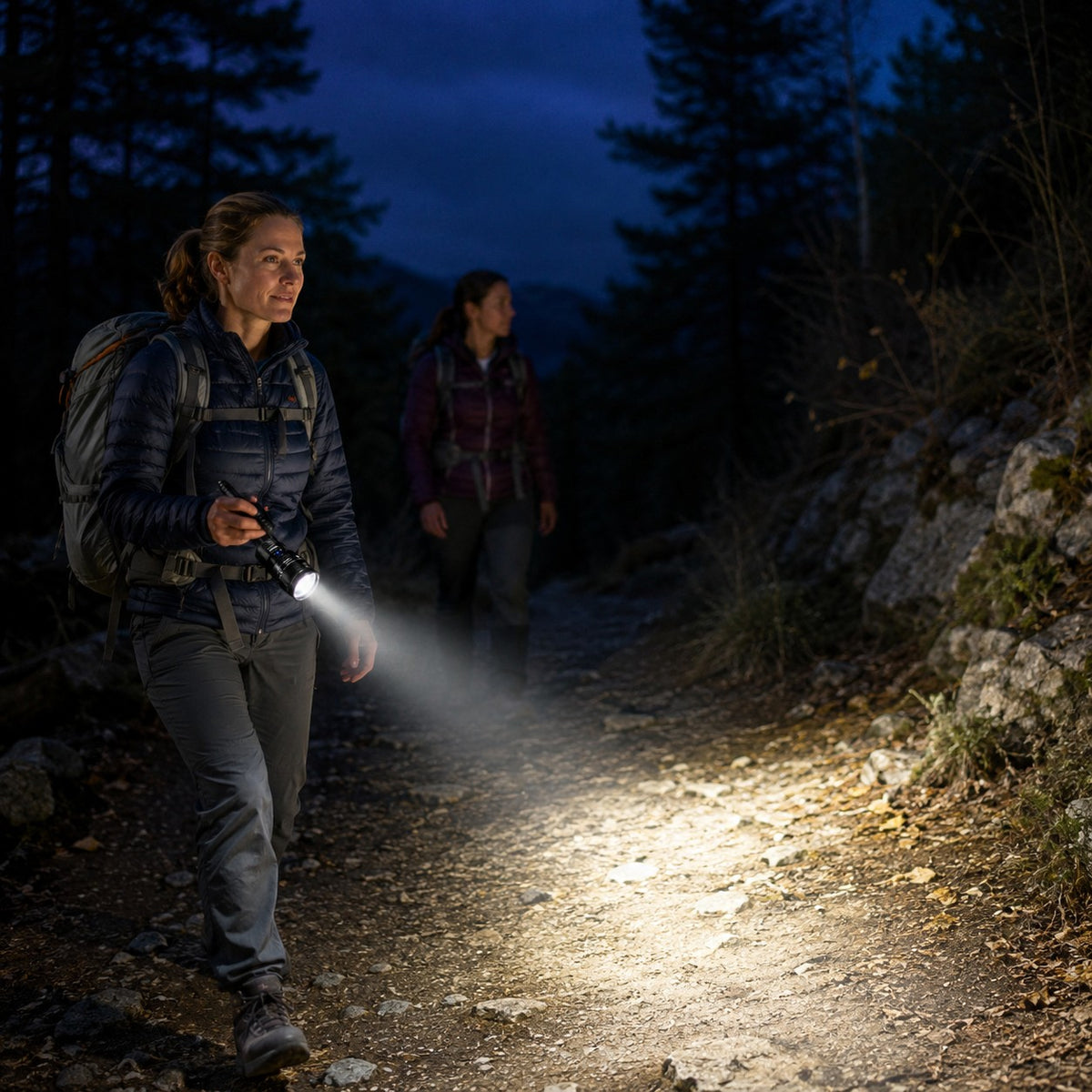 Deux randonneuses utilisant une lampe torche Passion Randonnée sur un sentier de nuit, avec faisceau lumineux pour avancer en sécurité.