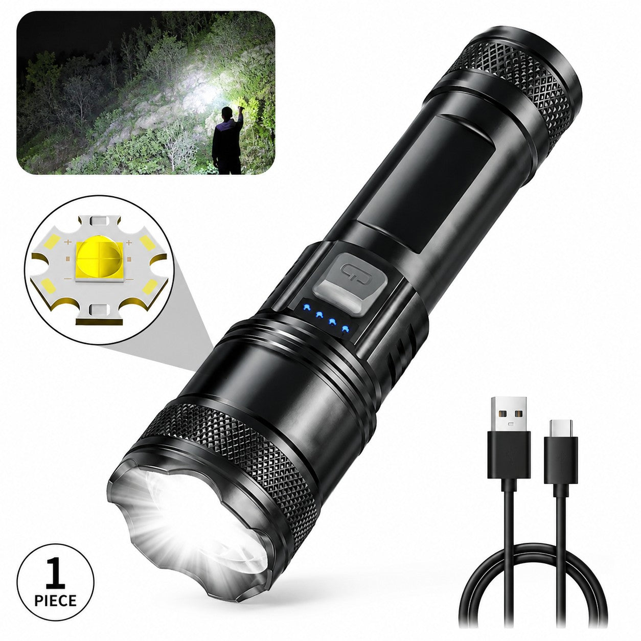 Lampe torche rechargeable Type-C Passion Randonnée vendue en 1 pièce, avec câble USB et faisceau puissant pour les activités outdoor.