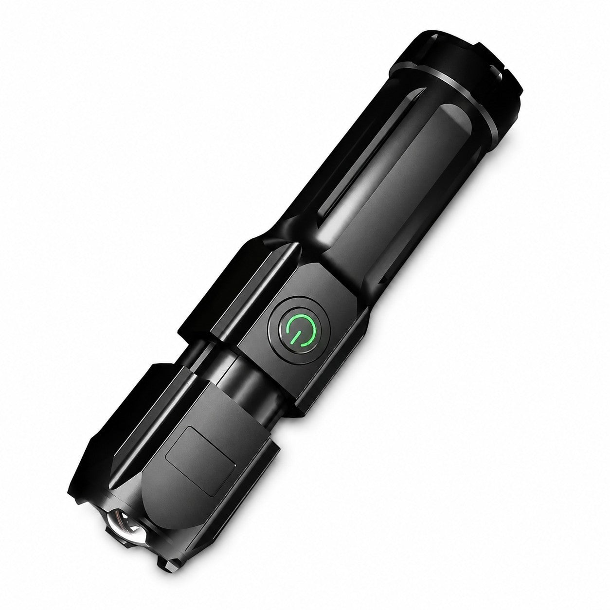 Lampe torche télescopique noire Passion Randonnée présentée sur fond clair, avec bouton lumineux et format compact pour la randonnée.