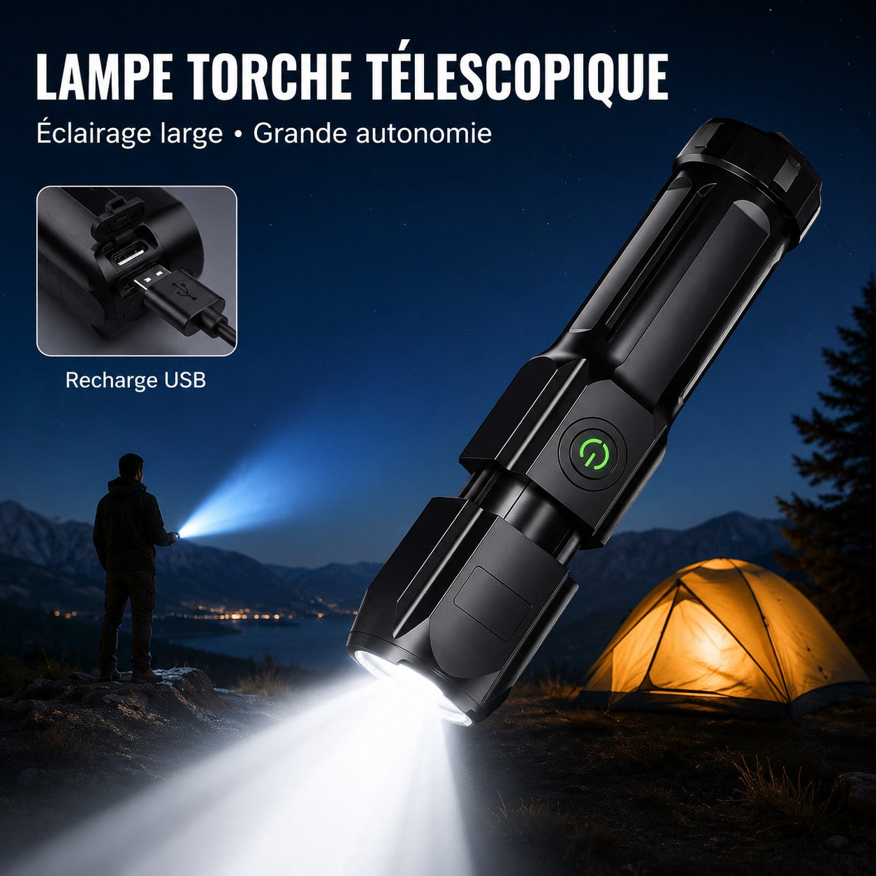 Lampe torche télescopique Passion Randonnée avec recharge USB, éclairage puissant et grande autonomie pour les sorties nocturnes.