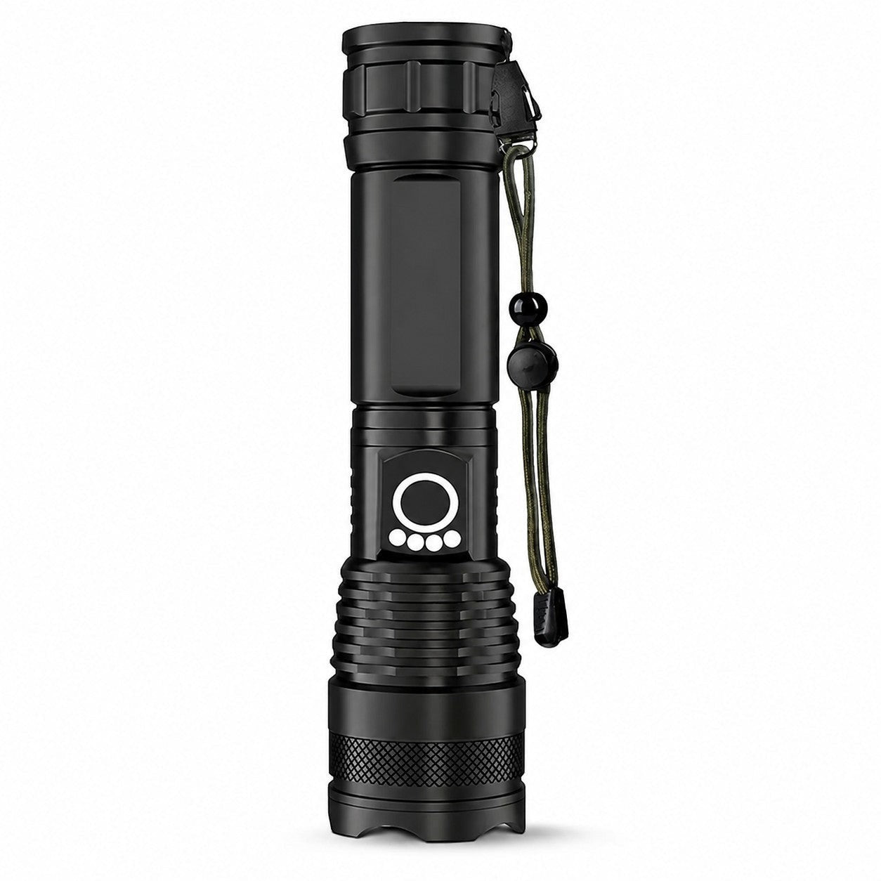 Lampe torche noire USB-C Passion Randonnée présentée de face, avec dragonne, bouton d’allumage et format compact pour les sorties outdoor.