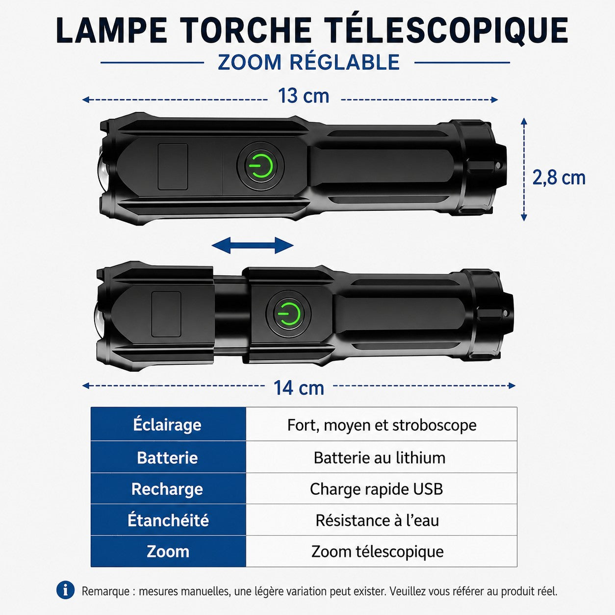 Lampe torche télescopique Passion Randonnée avec zoom réglable, dimensions indiquées et modes d’éclairage adaptés à la randonnée.