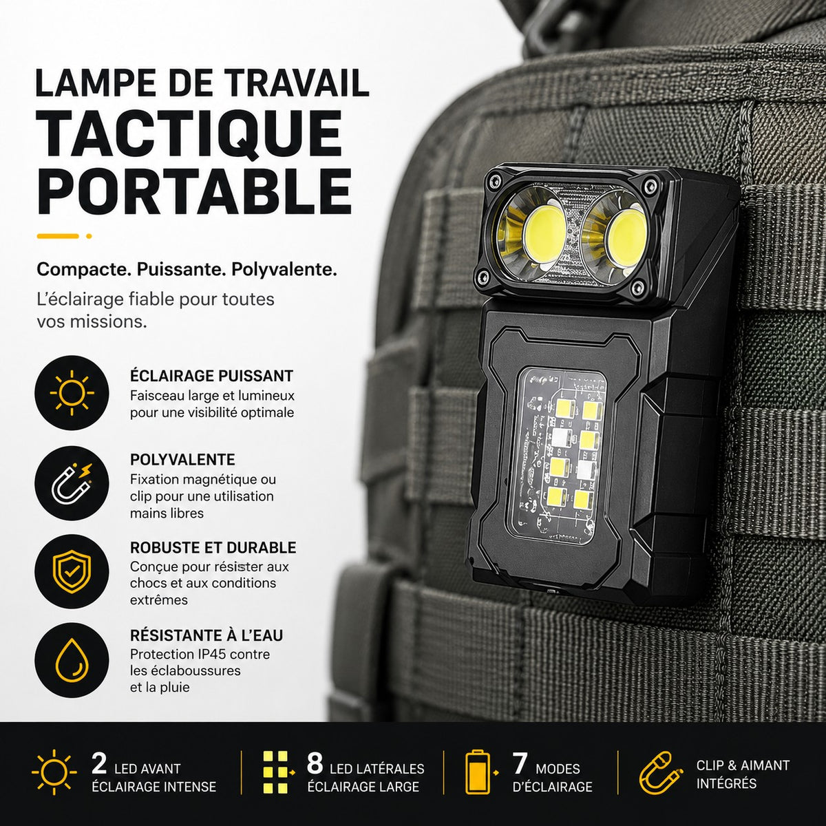 Lampe de travail tactique portable Passion Randonnée avec clip de fixation, aimant intégré, éclairage puissant et format polyvalent pour les sorties outdoor.