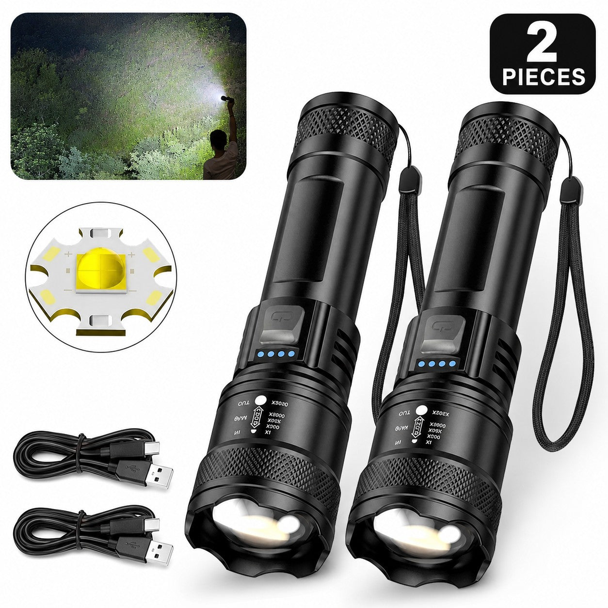 Pack de 2 lampes torches rechargeables Passion Randonnée avec dragonnes, câbles USB et éclairage puissant pour la randonnée et le bivouac.