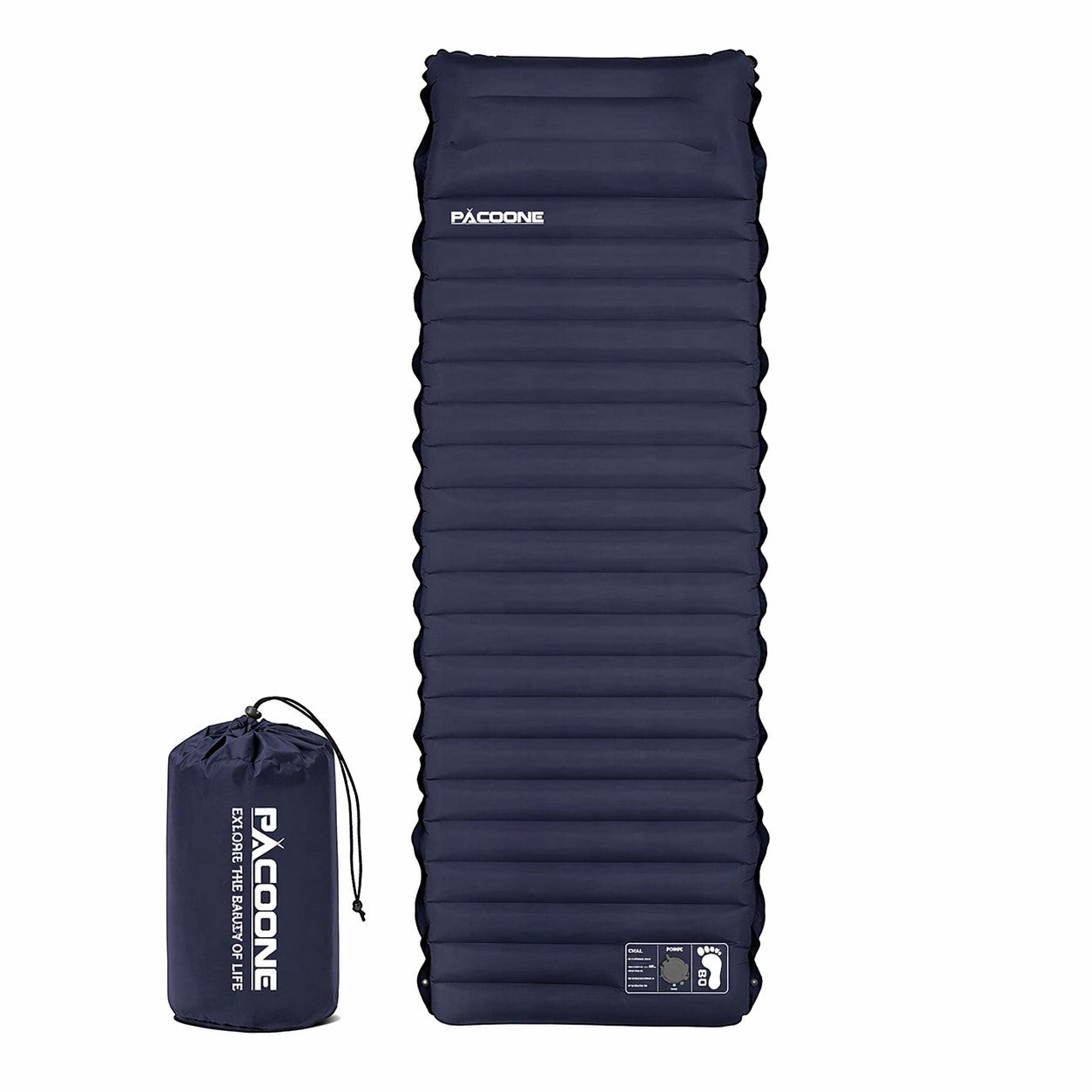 Matelas de camping ultraléger auto-gonflant Passion Randonnée en TPU et nylon bleu marine, avec pompe intégrée.
