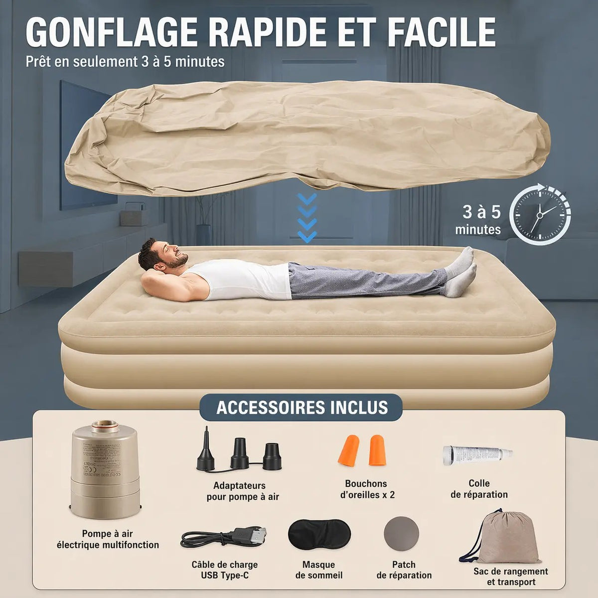 Matelas de camping gonflable Passion Randonnée, en daim beige, avec pompe intégrée, livré avec un kit de réparation et un sac de rangement.