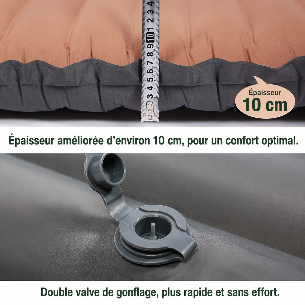 Matelas de camping ultraléger Passion Randonnée, en nylon TPU de 10 cm d'épaisseur, avec pompe intégrée et double valve pour un gonflage facile.