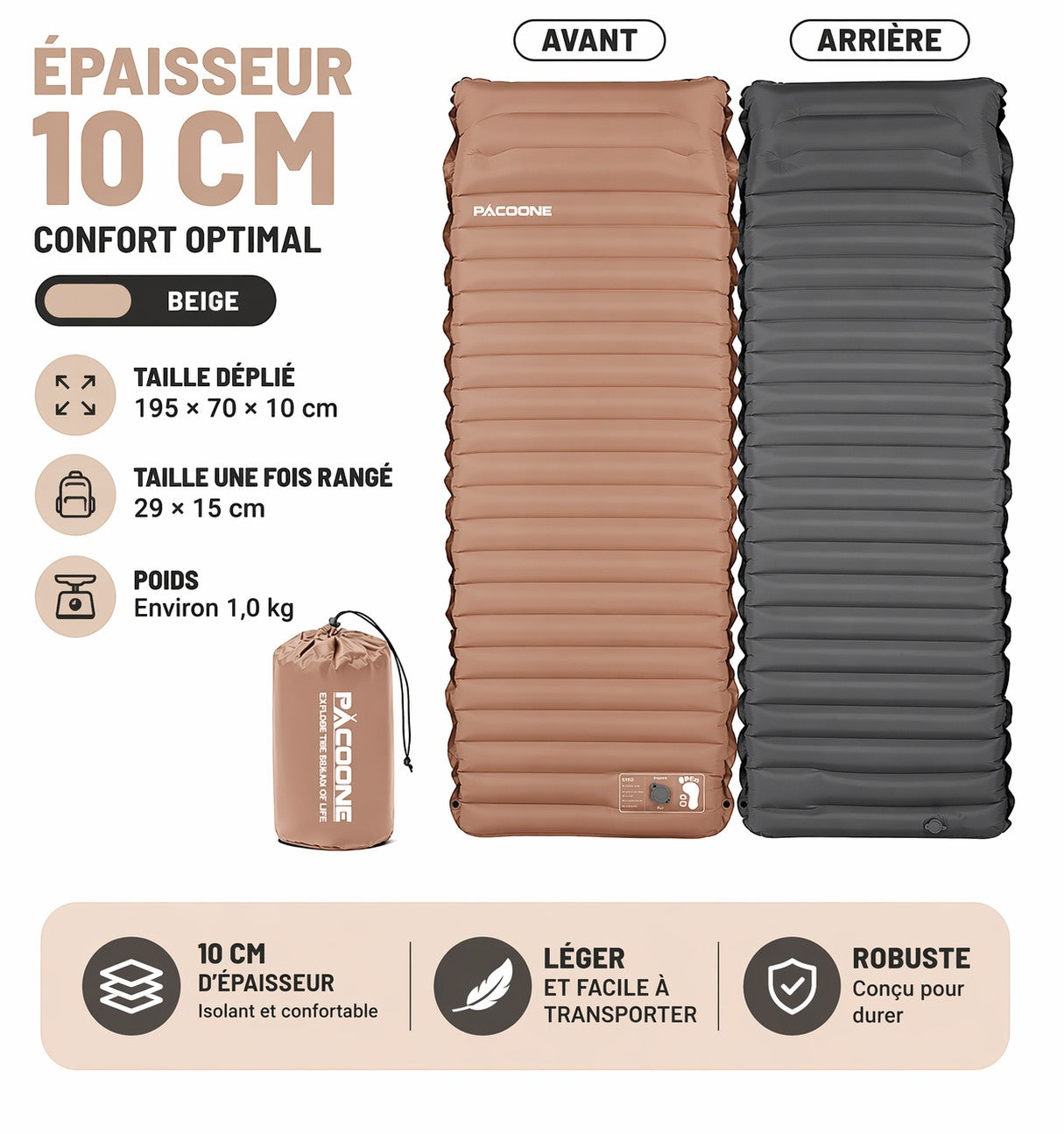 Matelas de camping autogonflant Passion Randonnée, beige et gris, ultra-léger, d'une épaisseur de 10 cm, en TPU et nylon