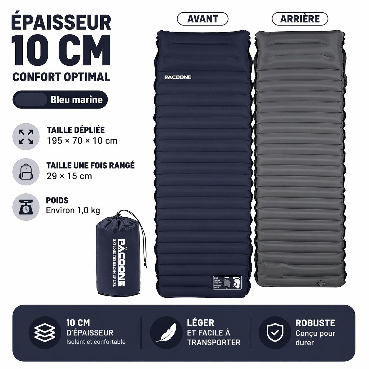 Matelas de camping autogonflant Passion Randonnée bleu marine, ultra-léger, d'une épaisseur de 10 cm, en TPU et nylon.
